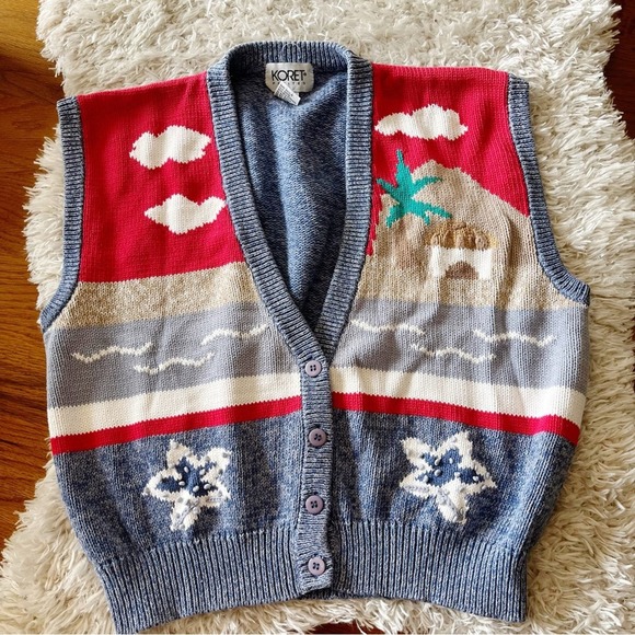 Koret Jackets & Blazers - Vintage Koret Petites knit sweater vest beach scene womens size large L
